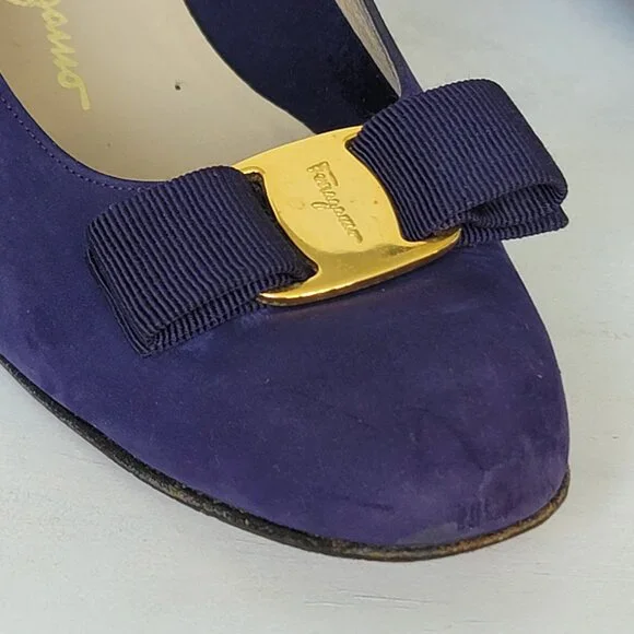 Vintage Salvatore Ferragamo Purple Nubuck Vara Plate Bow Low-Heel Pump Shoes 9AA - Picture 7 of 16